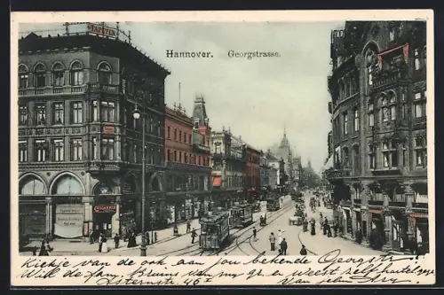 AK Hannover, Georgstrasse mit Cigarrengeschäft und Strassenbahn