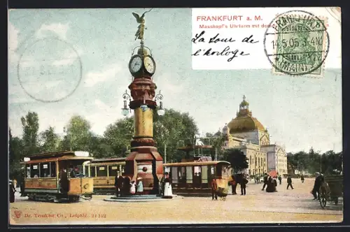 AK Frankfurt a. M., Mauskopfs Uhrturm mit Strassenbahn