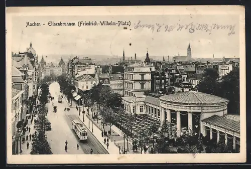 AK Aachen, Cafe am Elisenbrunnen am Friedrich-Wilhelm-Platz mit Strassenbahn