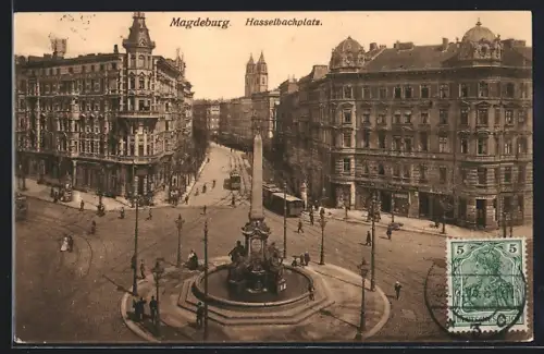 AK Magdeburg, Hasselbachplatz mit Brunnen und Strassenbahn