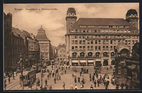 AK Essen, Hotel Handelshof und Kettwigerstrasse mit Strassenbahn