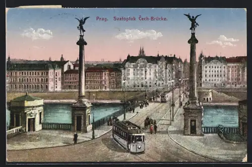 AK Prag, Svatopluk Cech-Brücke mit Strassenbahn