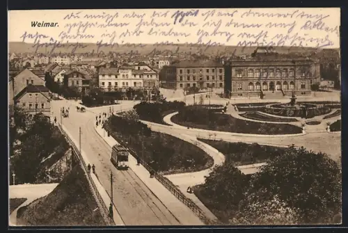 AK Weimar, Ortsansicht mit Strassenpartie, Strassenbahn