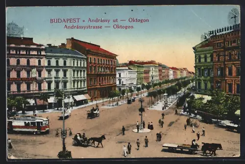 AK Budapest, Andrássystrasse mit Strassenbahn, Oktogon