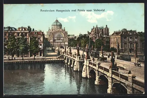 AK Amsterdam, Hoogesluis met Paleis voor Volksvylt, Strassenbahn