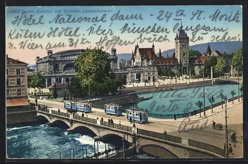 AK Zürich, Bahnhof und Schweiz. Landesmuseum, Strassenbahn auf der Brücke