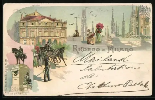 Lithographie Milano, Scala, Duomo, Monumento a Garibaldi