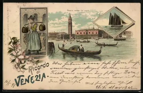 Lithographie Venezia, Veduta dal Mare, Barca, Venezianerin in Tracht