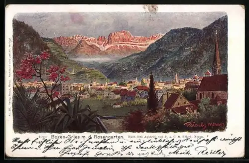 Künstler-AK F.A.C.M. Reisch: Bozen-Gries, Panorama mit dem Rosengarten