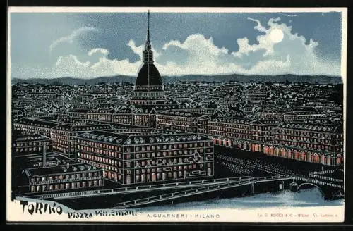 Lithographie Torino, Piazza Vitt. Eman. bei Nacht