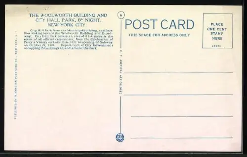 AK New York, NY, The Woolworth Building and City Hall Park by night