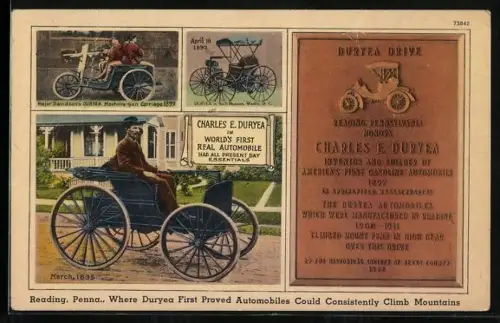 AK Reading, PA, Charles E. Duryea in world`s first real automobile, first American hill-climb