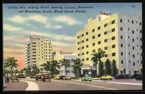 AK Miami Beach, FL, Collins Ave., looking north showing Coronet, Delmonico and Martinique Hotels