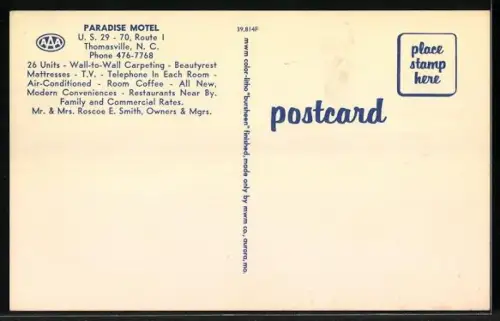 AK Thomasville, NC, Paradise Motel, U.S. 29-70, Route 1, Owners Mr. & Mrs. Roscoe E. Smith