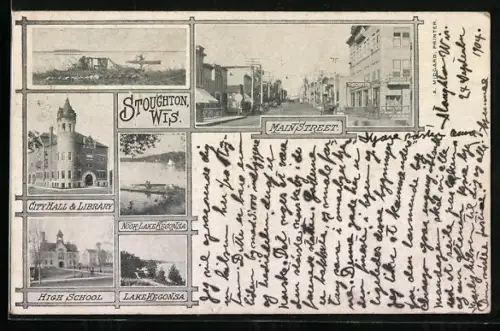 AK Stoughton, WI, Main Street, City Hall & Library, High School, Lake Kegonsa