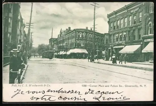 AK Gloversville, NY, Corner Main and Fulton Streets