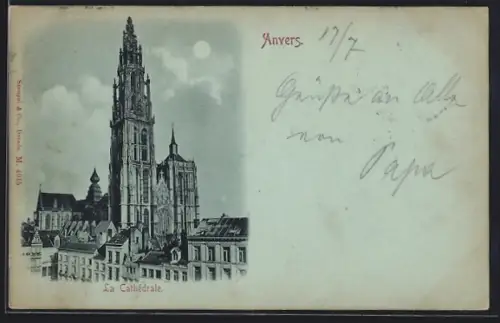 Mondschein-AK Anvers, La Cathédrale