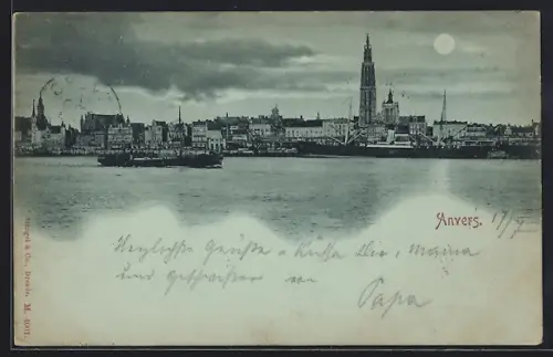 Mondschein-AK Anvers, Uferpartie mit Dampfer