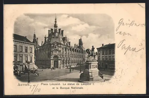 AK Anvers, Place Léopold, La statue de Leopold I. et la Banque Nationale