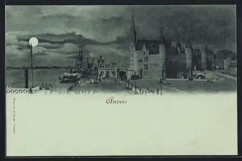 Mondschein-AK Anvers, Panorama mit Hafen u. Schloss