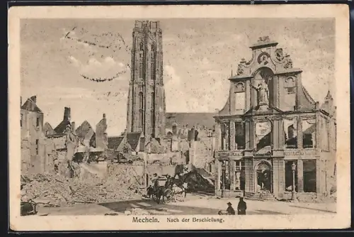 AK Mecheln, Nach der Beschiessung, Ortspartie mit Kirche