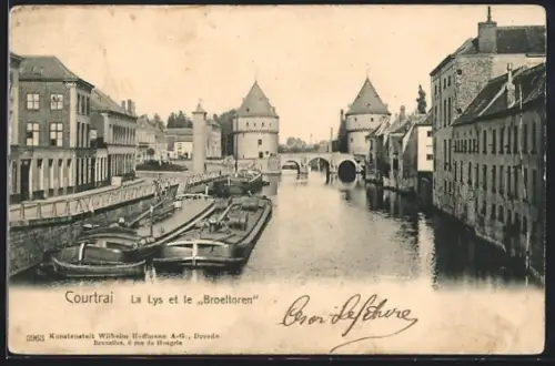AK Courtrai, La Lys et le Broeltoren