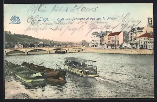 AK Liége, Quai des Pecheurs et vue sur la Meuse