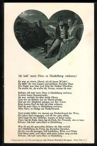 AK Heidelberg, Schloss, Neckar, Student mit Geliebter, Lied Ich hab` mein Herz...