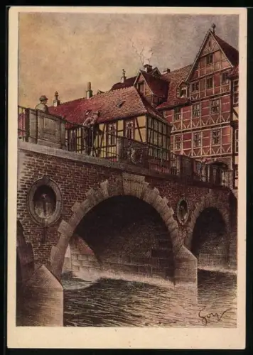 Künstler-AK Hannover, Ehem. London-Schenke und Häuser an der Marstallbrücke
