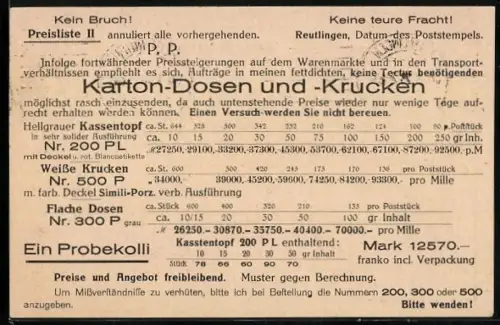 AK Reutlingen, Preisliste Karton-Dosen und Krucken Leon Reichard