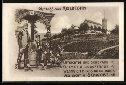 Künstler-AK Heilbronn, Weinberg mit Kelterern und Aussicht auf Turm