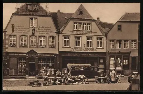 AK St. Wendel, Häuser mit Bekenntnissprüchen am Domplatz, Marktstände