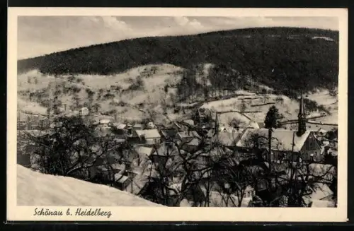 AK Schönau b. Heidelberg, Winterliche Ortsansicht mit Kirche und umliegenden Hügeln
