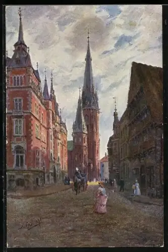 Künstler-AK Oldenburg / O., Rathaus und Lambertikirche