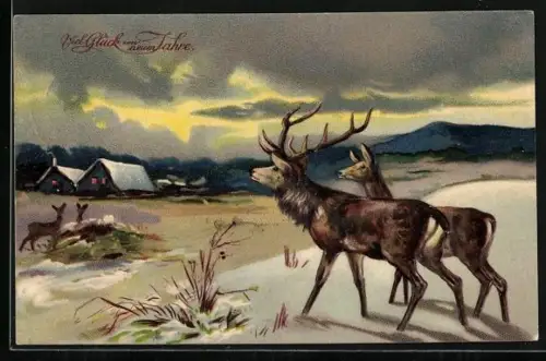 Künstler-AK Hirsche in einer Winterlandschaft, Neujahr