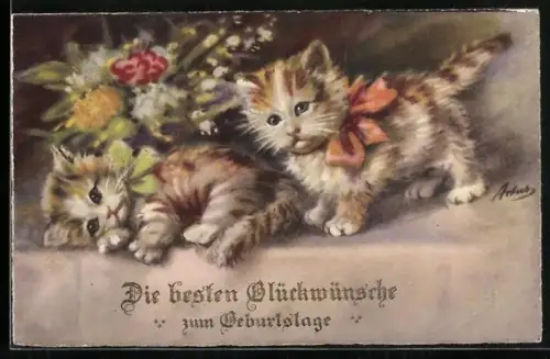 Künstler-AK Zwei kleine Kätzchen mit Schleifen, Geburtstagswünsche