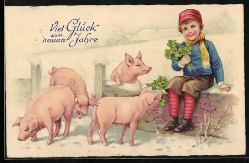 Künstler-AK Schweine mit einem Jungen und Klee, Neujahr