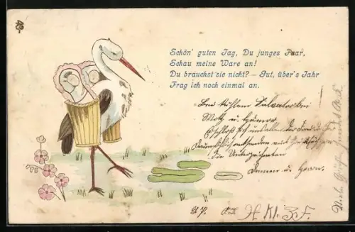 Lithographie Storch mit zwei Körben mit Säuglingen, Gedicht