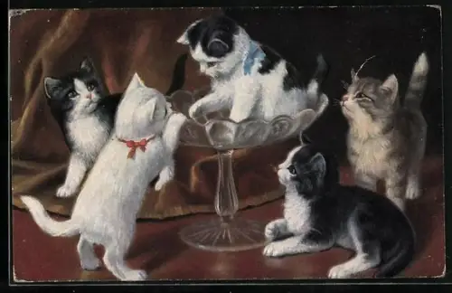 Künstler-AK Kleine Kätzchen spielen mit einer Glasschale