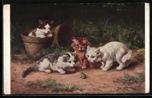 Künstler-AK Vier Kätzchen schauen einen Frosch an