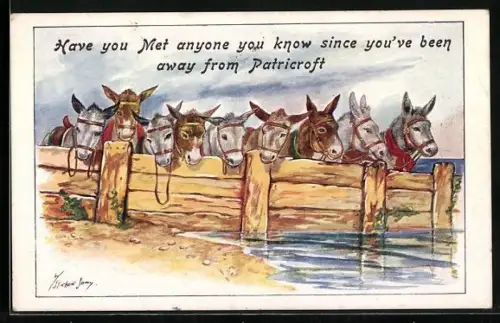 Künstler-AK Esel schauen über einen Zaun am Meer