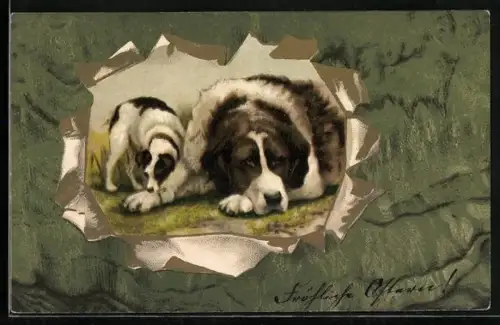 Künstler-AK Ein Hund schnuppert an der Pfote eines anderen
