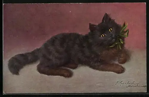 Künstler-AK Schwarze Katze mit grüner Schleife