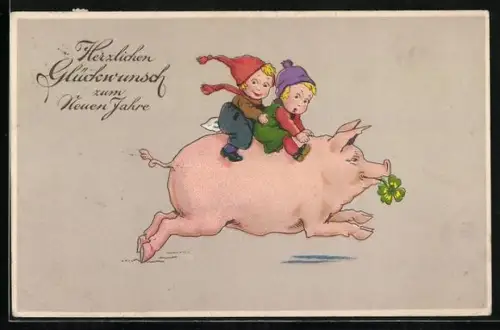 Künstler-AK Zwei Kinder reiten auf einem Schwein, Neujahr