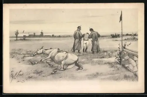 Künstler-AK Reiter wird von Soldaten abgeführt