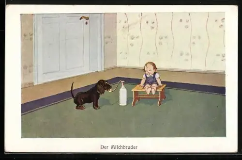 AK Der Milchbruder, Dackel trinkt kleinem Kind die Milch weg