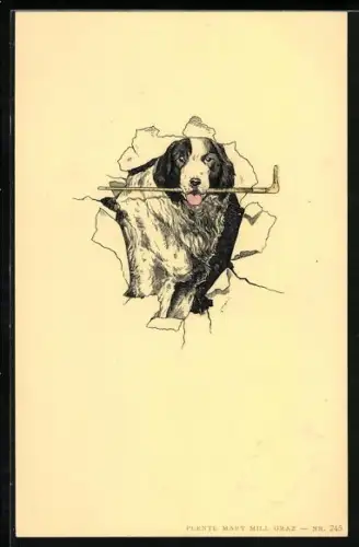 Präge-AK Hund mit Gehstock im Maul platzt durch die Postkarte