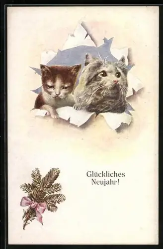 Künstler-AK Zwei Katzen platzen durch die Postkarte, Glückliches Neujahr