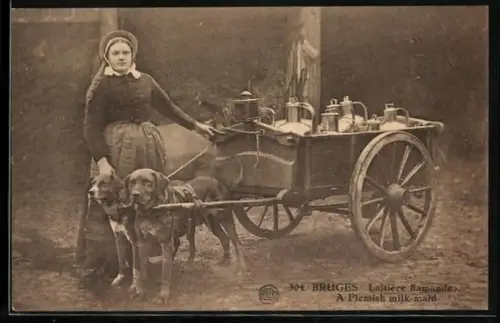 AK Bruges, Flemische Frau mit ihrem Hundewagen voller Milch