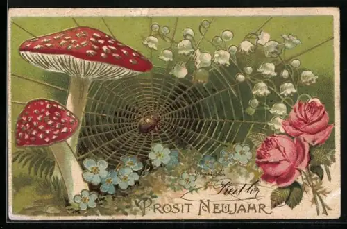AK Spinne im Netz zwischen Pilzen und Rosen